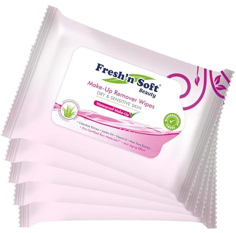 Fresh'n Soft Lingettes Démaquillantes Waterproof Peaux Sèches&Sensibles, Effet Anti-Âge, Enrichies en Extrait d’Huile d’Olive, Noix de Macadamia, Camomille et Vitamine E (125 Unité Seché (Lot de 5))