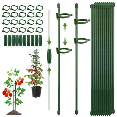 CNMTCCO Pflanzenstütze, Rankhilfe, 20 Stück Pflanzstäbe, mit 20 Karabinern Ausgestattet, mit 10 Verlängerungsrohren, Tomaten Rankhilfe, Staudenhalter, Pflanzen Stütze, Wetterfest & Stabil (90PCS)
