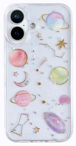 AMART Handyhülle für iPhone 16 Hülle, Durchsichtig Hülle mit Glitzer Stern Planet Muster Hülle,Klare mit Süß Motiv Weich Aesthetic Silikon Schutzhülle für iPhone 16