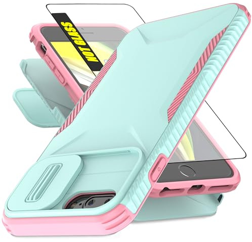 AWZHYDT for iPhone 8 Plus,iPhone 7 Plus Case,with 1 HD Screen Protector & Slide Camera Cover[Military-Grade]Phone Case Heavy Duty Rugged Shockproof Protective Cover for iPhone 8 /7 Plus 5.5-Cyan/Pink