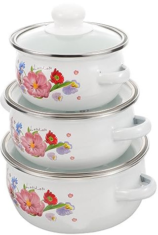 Ipetboom 3Pcs Portable Enamel Cooking Pot Retro Soup Pot with Lid Non Stick Stockpot for Electric Induction Gas Stoves Vintage Patterned Cookware