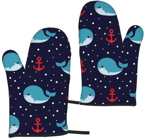 Oven Mitts Set of 2,Marine Whale Fish Blue Heat Resistant Kitchen Oven Gloves for Cooking Grilling Baking BBQ