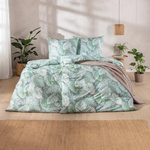 ESTELLA Bettwäsche 155x220 und 80x80, Rabea Tropenblatt, Interlock Jersey, bügelfrei, Ganzjahresbettwäsche aus Baumwolle, pflegeleicht mit Reißverschluss