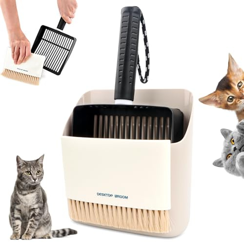Feirdhoo Pala per lettiera per gatti, in acciaio inox con contenitore, pala veloce, in metallo, con piccola scopa portatile e paletta per tutti i gatti