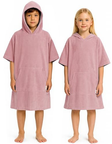 CalmyBEACH Leicht Frottee Badeponcho Kinder - Mädchen Jungen Baumwolle Poncho Handtuch Bademantel Badetuch Surf Strandponcho Kapuzenhandtuch 10-13 Jahre Altrose