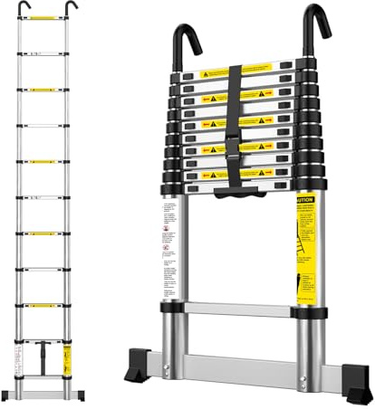 EASelect Telescopic Ladder 3.2M Aluminium Extension Loft Ladder with Stabilizer Bar, Non-Slip Feet and Detachable Hooks, EN131, Portable Extendable Folding Ladders for Roof, Attic, Caravan