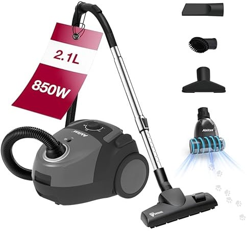 Akitas C5 Turbo Beutelstaubsauger mit Beutel, Deutscher Wessel-Werk Bodenkopf & Turbo-Tierhaarbürste，850W Starke Saugleistung, 9 m Aktionsradius, kompakt & leicht
