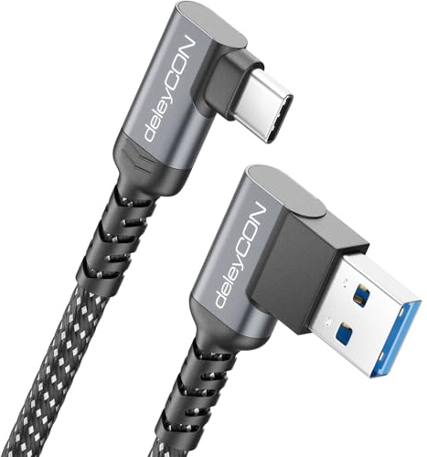 deleyCON 1,5m Câble USB-A vers USB-C 2x Coudé 90° USB 3.0 5 Gbps (USB 3.2 Gen1) - Câble de Charge et Données pour Smartphone, Tablette, Notebook, Appareil Photo, HDD SSD, Disque Dur Externe, etc.