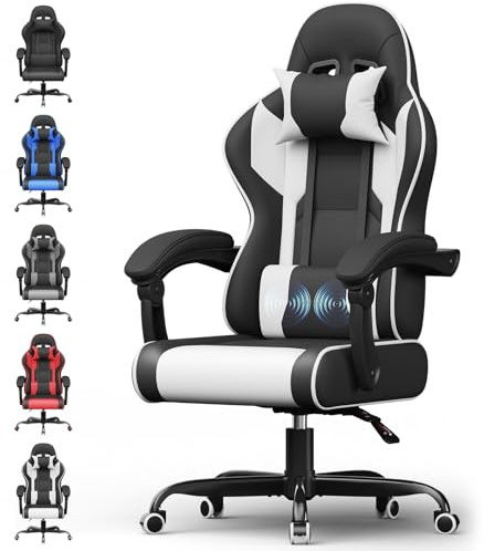 Devoko Gaming Stuhl mit Massagefunktion, Bürostuhl Ergonomisch mit Verstellbarer Ruckenlehne (90-135), Schreibtischstuhl mit Bewegliche Armlehne, max 135kg, Schwarz Weiß
