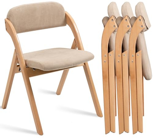 Villeston Klappstühle mit gepolsterten Sitzen, Set aus 4 stapelbaren Holz-Esszimmerstühlen mit abnehmbarem Bezug, extra klappbarer Stuhl für Gäste, Küche, Büro, Hochzeit, Party, Picknick