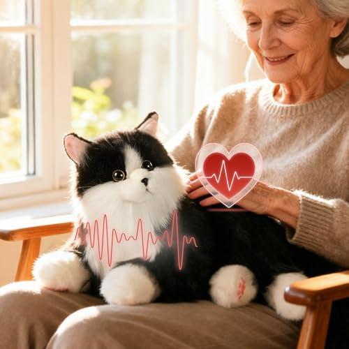 Chongker Roboterkatze | Interaktiver Elektronische Katze, Beschwertes Kuscheltier mit Geräuschreaktion | Realistischer Herzschlag & Schnurren | Lebensechter Plüschfreund zum Kuscheln (Schwarz)