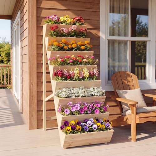 COSTWAY Huerto Urbano Vertical de 5 Niveles, Jardinera Exterior de Madera, Forma de Escalera para Iluminación Suficiente, Meceteros para Flores y Verduras, Terraza, Jardín (101x60,5x150 cm,Natural)