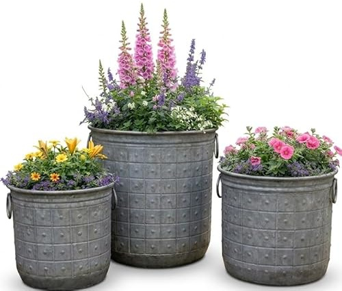 My Square Mile Rustic Galvanised Metal Planters Round Dolly Vintage Garden Pots with Handles & Riveted Details (Medium (H41 x D36cm))