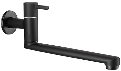 Hefo Grifo de cocina para montaje en pared, solo agua fría, grifo de pared con caño giratorio 360°, largo de 35 cm, grifo para lavabo para fregadero de fregona, acero inoxidable, color negro