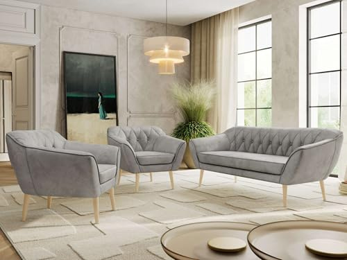 MKS MEBLE Sofagarnitur PIRS 3 + 1 + 1 - Couchgarnitur im skandinavischen Design, Gesteppte Polsterung, Wellenfederung, Wohnzimmer Sofa Set - Buche Beine, Hellgrau Velvet