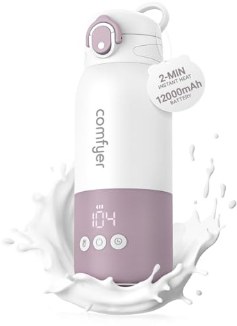 Comfyer BW01 Scaldabiberon Scaldalatte Portatile per Neonato, Batteria 12000mAh, Riscaldamento Rapido 2 Min per Latte Materno e Acqua, per Poppate Notturne, Auto e Viaggi in Aereo On‑the‑Go