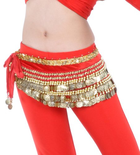 BellyLady Bauchtanz Rock Wickel Hüfttuch Multi Row Goldmünzen Rot