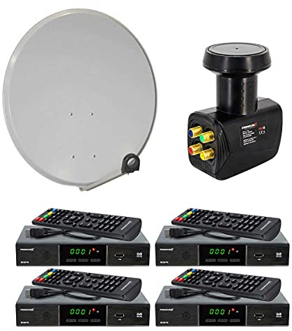 PremiumX Satelliten-Komplettanlage 60cm Antenne Hellgrau Quad LNB bis 4 Teilnehmer 4X DVB-S2 SAT TV Receiver FullHD HDMI-Kabel