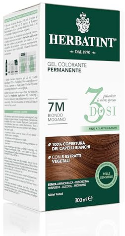 Herbatint Gel colorante permanente 3 dosis, 300 ml – 7 m rubio caoba, sin amoniaco, para pieles sensibles, cobertura 100% de cabellos blancos, con 8 extractos naturales biológicos