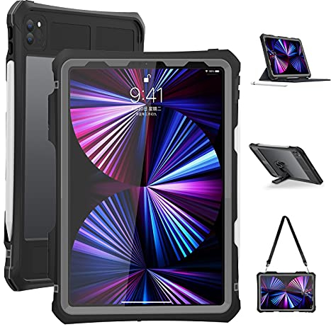 ShellBox Case Coque étanche pour iPad Pro 11 2020 et 2021 - Coque de Protection intégrale résistante aux Chocs avec béquille - Protection d'écran intégrée - Porte-Crayon et bandoulière (Noir)