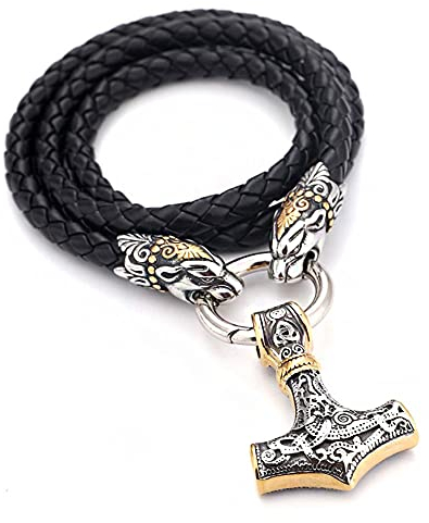 WYPAN Viking Thors Hammer Anhänger Mit Edelstahl Wolfskopf Leder Geflochtene Kette, Nordische Mythologie Odin Keltischer Knoten Männer Mjolnir Halskette Amulett Schmuck,Gold,60cm