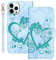 Jeffene Handyhülle für iPhone 13 Pro (6.1 Zoll) Hülle,Blume Liebe Herz Muster Marmor PU Leder Tasche Flip Case Cover Etui Brieftasche Schutzhülle Lederhülle Klapphülle-Grün