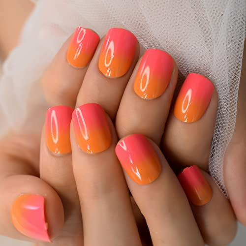 Sunset Brilliant Color Sunset Yellow Orange Red Ombre Faux Ongles Daily Art Short Round Woman Girl Party Date Full Cover Acrylic 24 pcs/kit