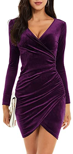 Niwicee Robe De Chambre Femme Hiver Automne Col V Manches Long Sexy Noir/Rose Robe Velours Femme Robe De Noel Femme-Violet-S