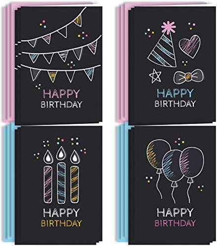 Geburtstagskarte Glückwunschkarten Set mit 12 Geburtstagskarten Klappkarten mit Umschlägen Luftballons Party Modern Happy Birthday für Erwachsene Kinder Frau Mann Mädchen Jungen Kerzen Schwarz