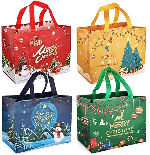 4PCS Weihnachtsgeschenktüten, Weihnachtstragetaschen mit Griffen, multifunktionale Vlies-Weihnachtstaschen zum Einpacken von Geschenken, Weihnachtsfeierzubehör, 32,5 × 25 × 17 cm