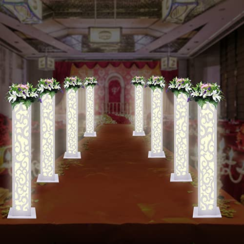 LIYUANJUN 8PCS Tall Roman Column, 47Inch White Wedding Column with LED Light Carved Pillar Tall Flower Vases for Wedding Party Christmas Birthday Home Decoration Auspicious Cloud Pattern