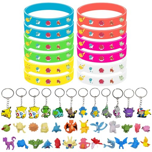 FRPABCF Cartoon Spielzeug Mini Set, 24 Stück Cartoon Pearl Minifiguren + 12 Leuchtendes Silikon Armband + 12 Anime Schlüsselanhänger, Party Mitgebsel, Erwachsene Kinder Gastgeschenk Party Dekoration