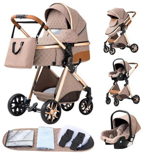 GLOKID Passeggino 3 in 1，Passeggino Canne，Trio，Portatile，Con Seggiolino Accessori，Adattatori universali，4 ruote con ammortizzatori，navicella，grandi ruote (LV9 kaki)