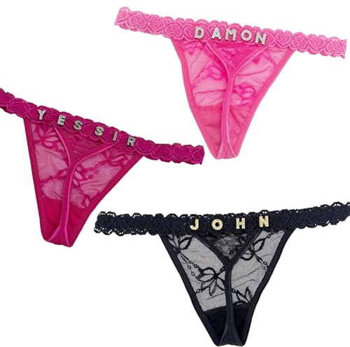 Lot de 3 strings personnalisés avec nom, string en dentelle personnalisé avec son nom pour femme, culotte personnalisée avec lettre en strass, bikini, cadeaux pour femme
