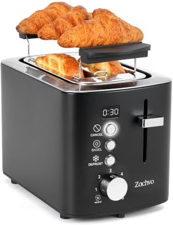 2 Slice Toaster, LED Countdown Timer, 6 Browning Setting - Bread Toasters with Warming Rack and Removable Crumb Tray,Defrost/Reheat/Cancel,1.1m Long Cord, Stainless Steel,Matte Black