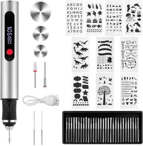 Flintronic Electric Engraving Pen, Rechargeable Cordless Engraver Pen with 30 Bits, 10 Templates, Engraving Pen Tool Kit for Jwelry, Wood, Glass, Ceramic