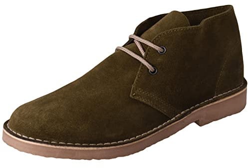 'Roamers' Fashion Round Toe Suede Leather Lace-Up Desert Boots - Khaki Real Suede, Mens UK 9 / EU 43