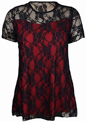 New Womens Floral Lace Short Sleeve Ladies Flower Lined Patterned Stretch T-Shirt Tunic Party Top Plus Size Black & Red Size 22-24