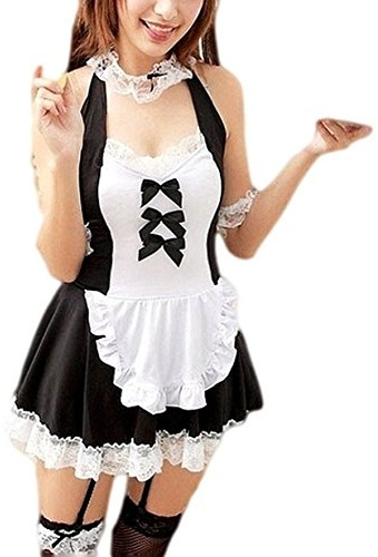 bunny-shop Damen Zimmermädchen Kostüm Sexy Outfit Dessous Cosplay Fasching 6-teilig Maid Schürze Armband Haarreif String Strumpfband, schwarz/weiss, Einheitsgröße, passend für ca. XS-M (34-40)