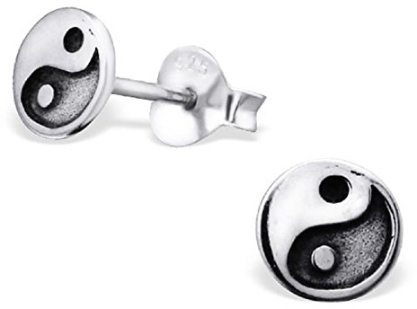 Laimons Damen-Ohrstecker Yin Yang Platte - 925 Sterling Silber, Oxidiert + E-Coat, 6 mm x 6 mm