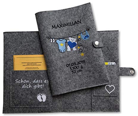 u heft hülle und impfpass Wäscheleine personalisiert mit Namen und Geburtsdatum des Kindes mit extra Fächer und Lasche mit Druckknopf aus 100% Wollfilz grau meliert blau