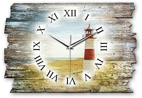 Kreative Feder Designer Wanduhr Leuchtturm Rot aus Holz Größe 40x27cm - Funkuhr im Landhaus-Stil Shabby-Style Made in Germany leise ohne Ticken (Leuchtturm Rot, leises Funkuhrwerk)