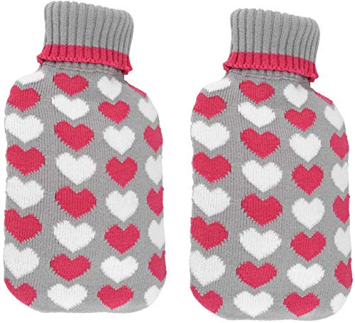 Bambelaa! Juego de 2 botellas de agua caliente grandes, funda de flojel, color blanco y rosa, diseño de corazones, 2 x 2 litros, color gris