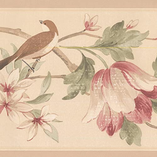 CONCORD WALLCOVERINGS Birds and Blooms Wallpaper Border Featuring Soft Pink Green and Brown Birds and Flowers in Springtime 7 inches by 15 feet HM79331N
