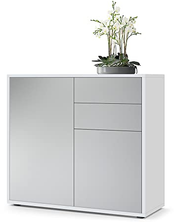 Vladon Sideboard Ben, Made in Germany, Kommode mit 2 Türen und 2 Schubladen, Weiß matt/Hellgrau Seidenmatt (79 x 74 x 36 cm)