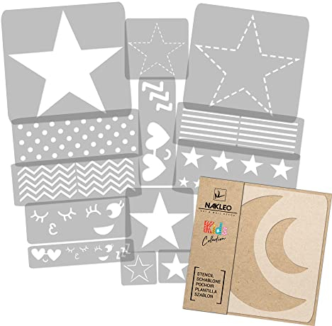NAKLEO Schablonen Malen für Kinderzimmer, 14 Stück Set 9x12 bis 23x34cm Himmel Sterne, Wiederverwendbare Kunststoff Malvorlage Raumdekoration, Basteln DIY Wand Möbel Papier Stoff