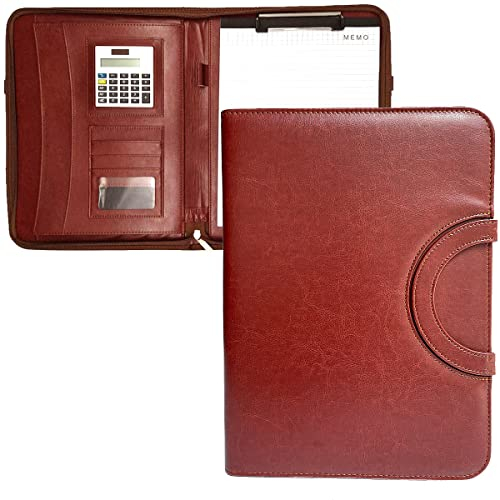 Tragbarer Konferenzmappe A4 mit Reißverschluss Leder Portfolio Zwischenablage Document Organizer mit Rechner Business Presentation Writing Pad Mit Handgriff Brown tragbaren