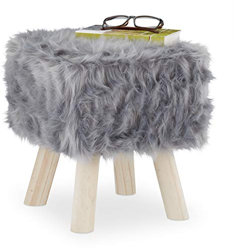 Relaxdays Fellhocker Kunstfell, Dekohocker mit Holzbeinen, Sitz- & Fußhocker, Schminktisch, HBT: 37 x 32 x 32 cm, grau