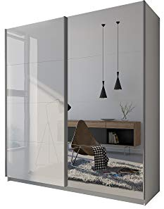 lukmebel Kleiderschrank - Kleiderstange Schrank - LINA I 194x62x215 cm - Schwebetürenschrank mit Spiegel - Schrank Weiß-Hochglanz - Schlafzimmer Möbel - Garderobenschrank - Mehrzweckschrank