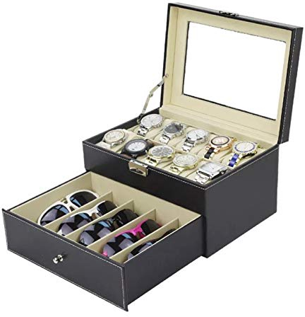 Doppio Strato Scatola Porta Orologi Custodia di per 10 Orologi e 5 Bicchieri a Griglia